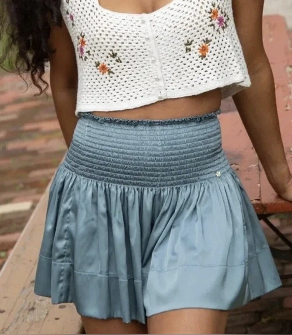 Natural Life Satin Smocked Waist Mini Skirt Skort in Light Blue Size L/XL